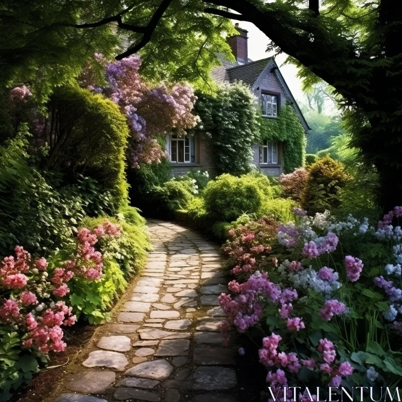 Enchanting Garden Path Leading to a Floral House - Cabincore Romantic Fantasy AI Image