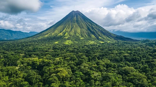 Volcano Amidst Dense Jungle and Blue Sky