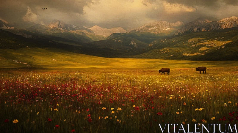 AI ART Tranquil Mountainous Field with Grazing Cows
