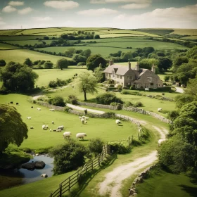 Picturesque English Countryside Farm with Sheep