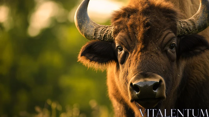 Bull's Portrait with Lush Greenery Background AI Image