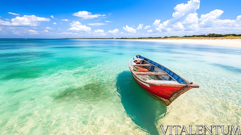 Red Boat on Tranquil Beach Waters AI Image