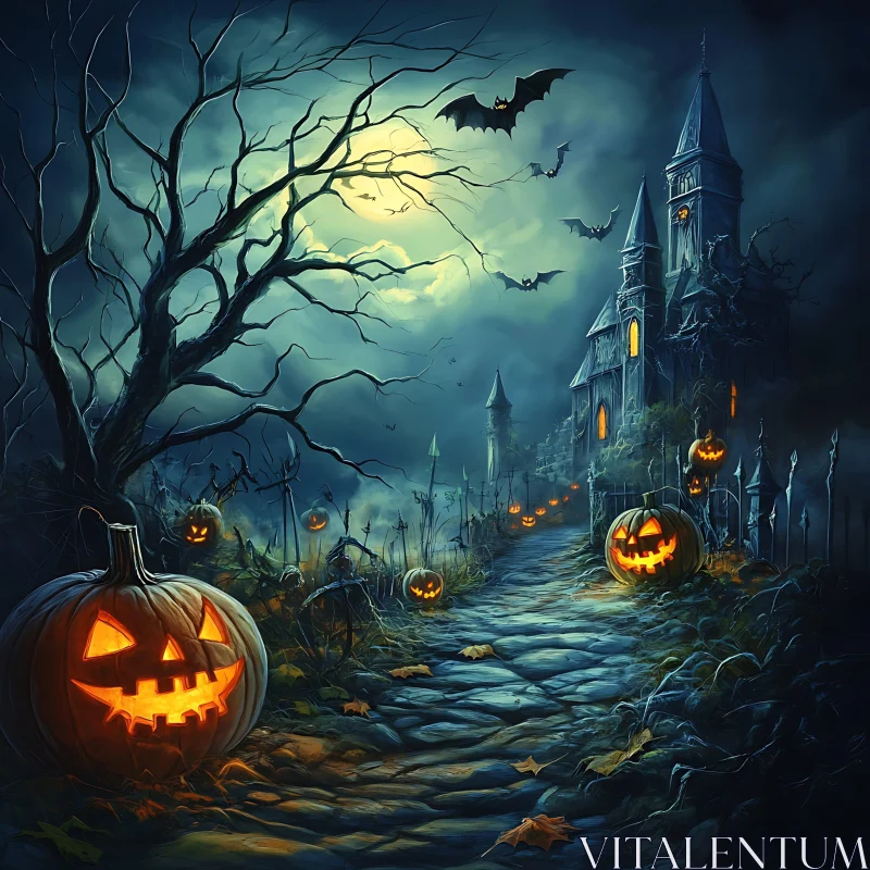 AI ART Eerie Pathway with Pumpkins and Haunted Mansion in Moonlight