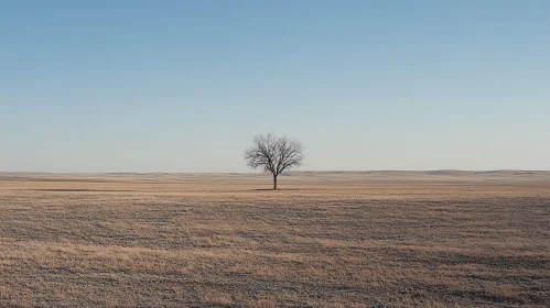 Lone Tree in Desert Field with Blue Sky