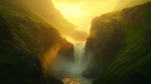 Sunlit Waterfall in a Serene Green Valley