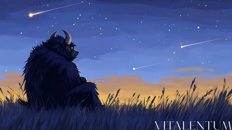 Mystical Beast Gazing at Night Sky AI Image