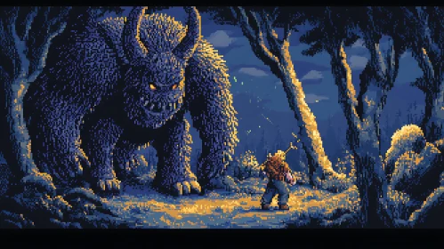 Horned Monster Meets Human in Nighttime Pixel Art Forest