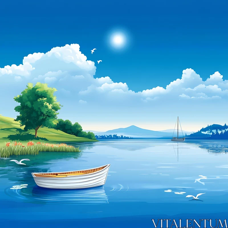 Calm Lake with Boat and Scenic Hillside AI Image