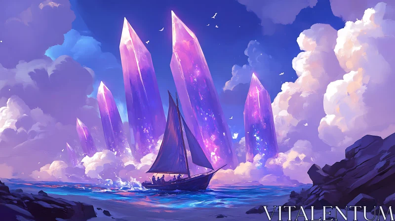 Boat Among Enchanted Crystals AI Image