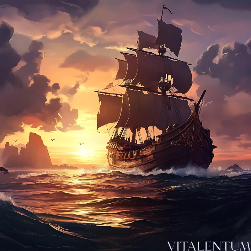 AI ART Sailing Ship at Sunset on the Ocean