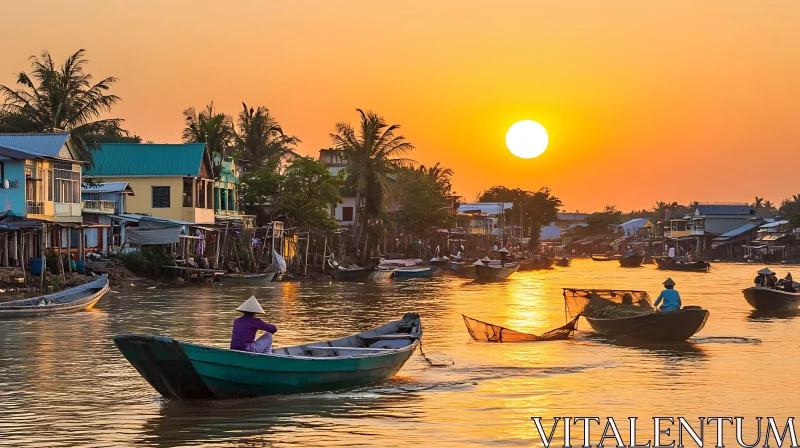 Sunset Over a Tranquil River Village with Boats AI Image