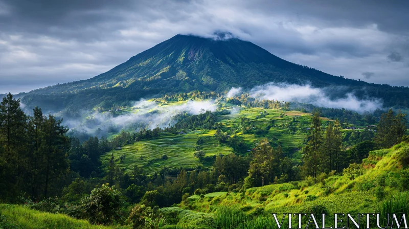 Majestic Green Mountain with Whimsical Clouds AI Image