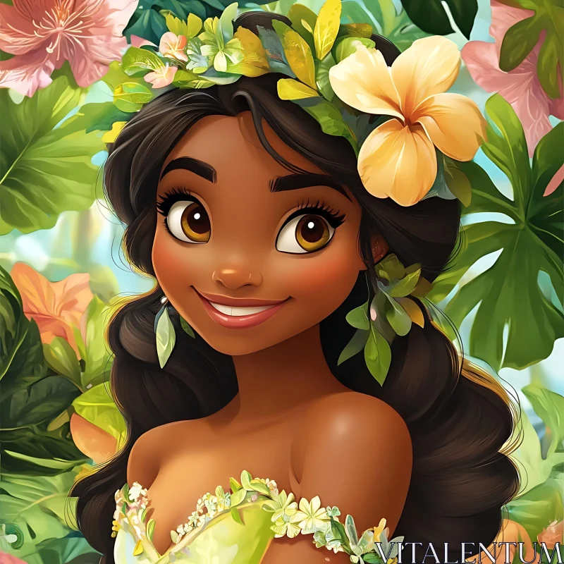 Cheerful Animated Character with Tropical Flowers AI Image