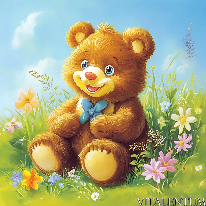 Happy Teddy Bear Amidst Colorful Flowers AI Image