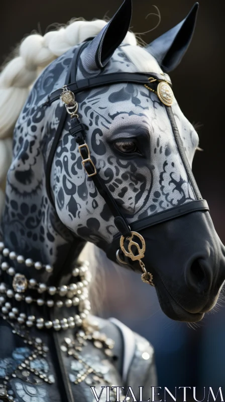 Artistic Representation of a Beaded Horse in Black, Silver, and Gold AI Image