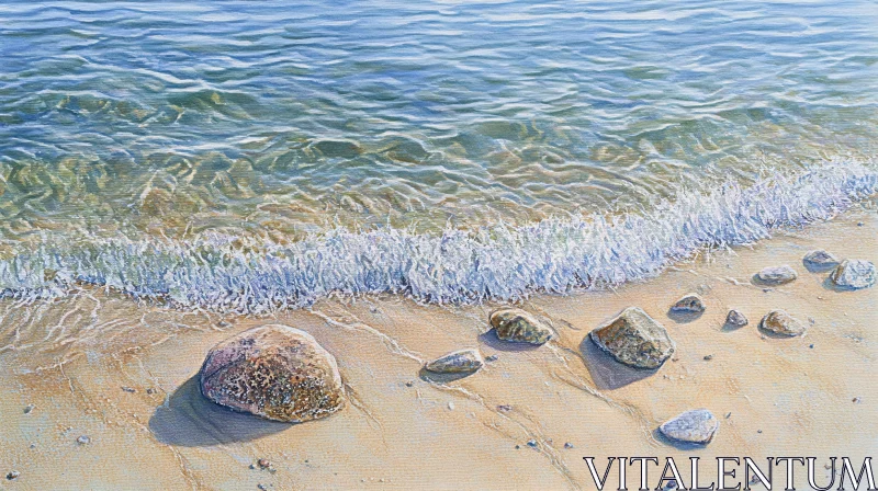 AI ART Serene Coastal Landscape with Stones and Rolling Waves