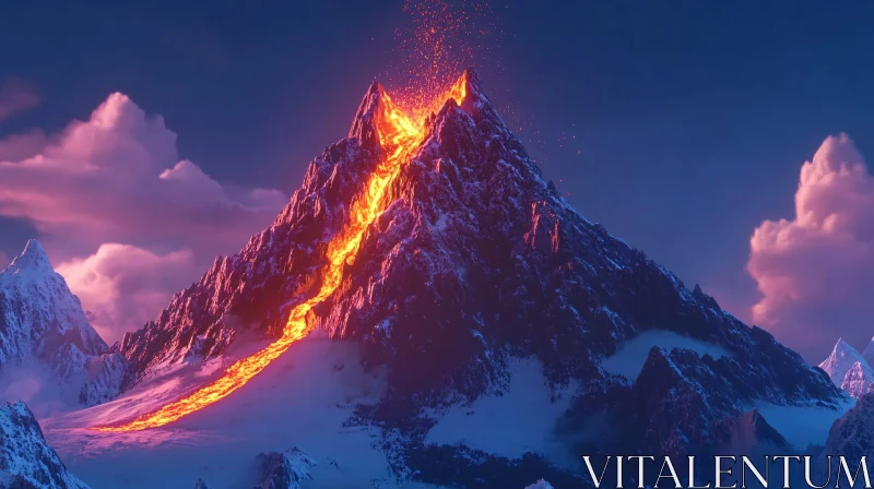 AI ART Fiery Volcano Eruption with Snow-Capped Peaks