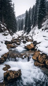 Tranquil Snowy Stream Through Pine Forest