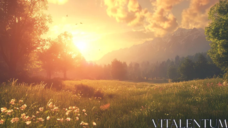 Warm Sunset in a Mountainous Meadow AI Image