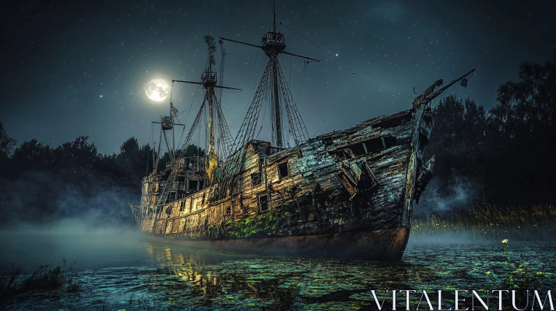 Abandoned Ship in Foggy Moonlit Night AI Image