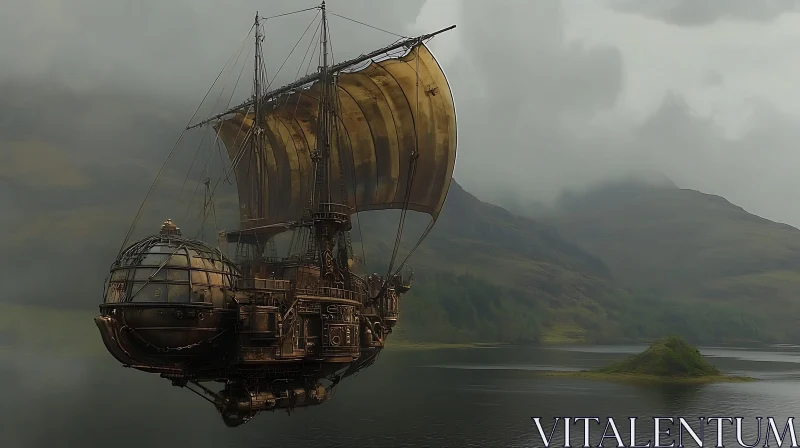 Floating Steampunk Vessel Above Misty Lake AI Image