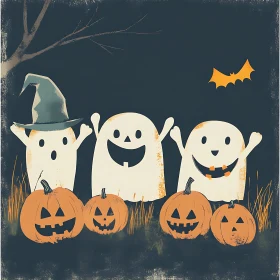 Cheerful Ghosts and Halloween Pumpkins Art