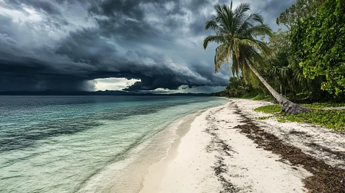 Stormy Tropical Beach with Swaying Palms and Dark Clouds