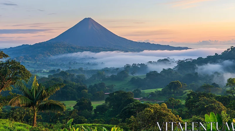 Volcanic Peak and Misty Forest at Daybreak AI Image