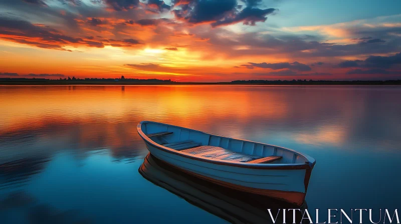 Peaceful Sunset Over a Calm Lake with a Floating Boat AI Image