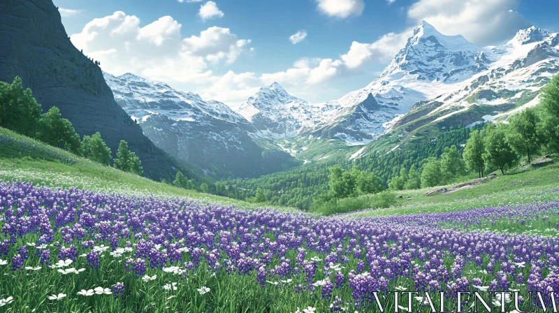 Majestic Mountains with Flowering Meadow AI Image