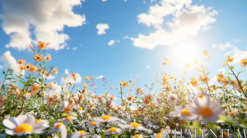 Meadow of Wildflowers Under Blue Sky AI Image