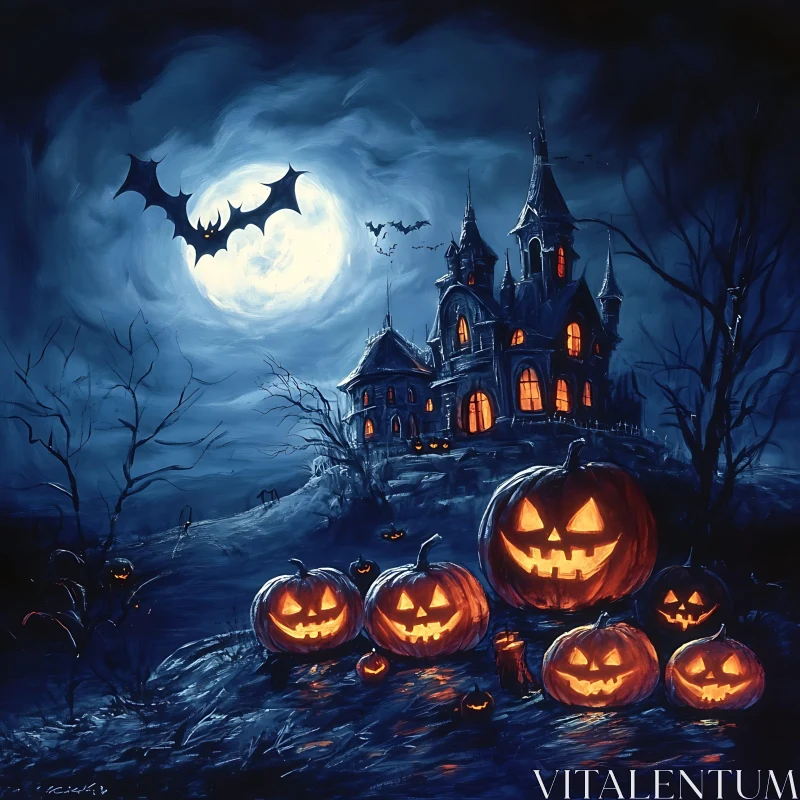 AI ART Eerie Moonlit Night with Haunted House and Pumpkins