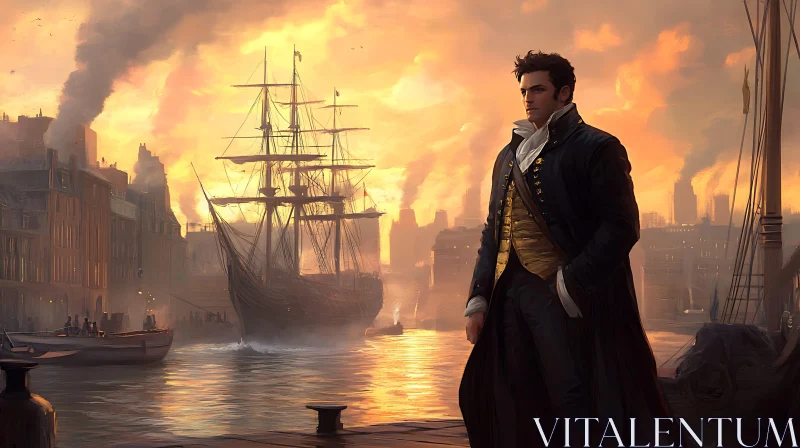 Historical Dockside Sunset with Ship and Man AI Image