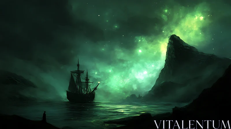 Eerie Ocean Voyage with Green Night Sky AI Image