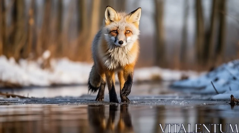AI ART Elegant Red Fox by Water in Snowy Forest