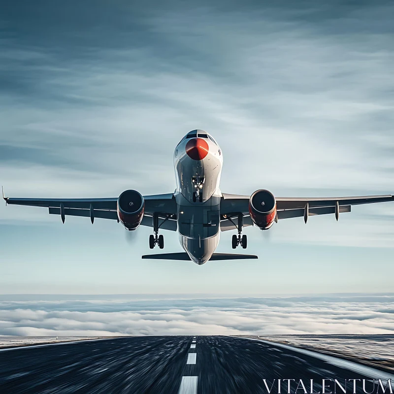 Airplane Mid-Air Above Runway AI Image