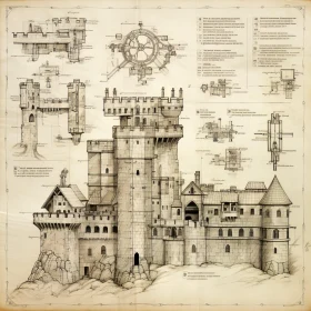 Vintage Styled Castle Blueprint - Medieval Architecture Concept Art