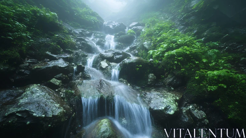 AI ART Peaceful Misty Forest Waterfall