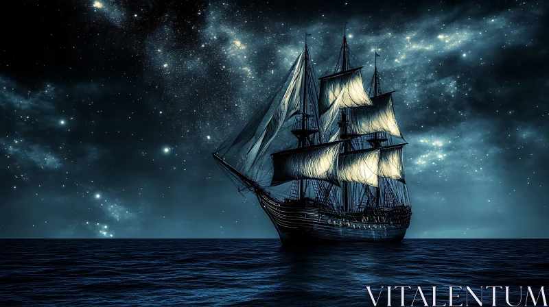 Sailing Ship on a Tranquil Ocean at Night AI Image