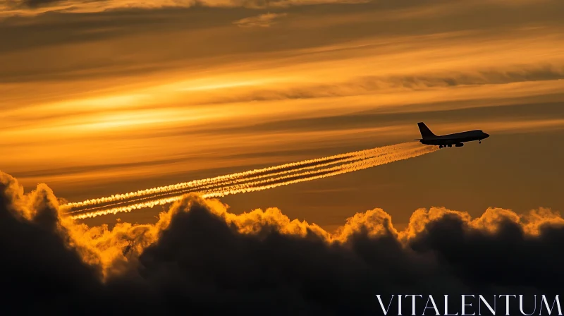 Plane Flying Through Sunset Sky AI Image