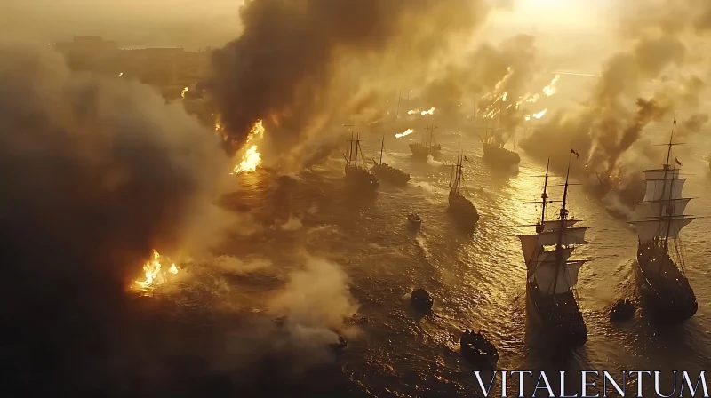 Old Ships Engulfed in Flames During Sunset Naval Conflict AI Image