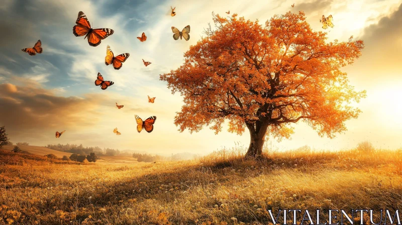 AI ART Golden Hour in Autumn Meadow with Butterflies