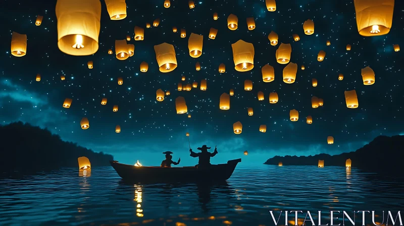 Lanterns Over Lake Under Starlit Sky AI Image