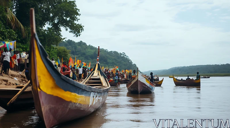 Traditional Boats Anchored on a Vibrant Riverbank AI Image