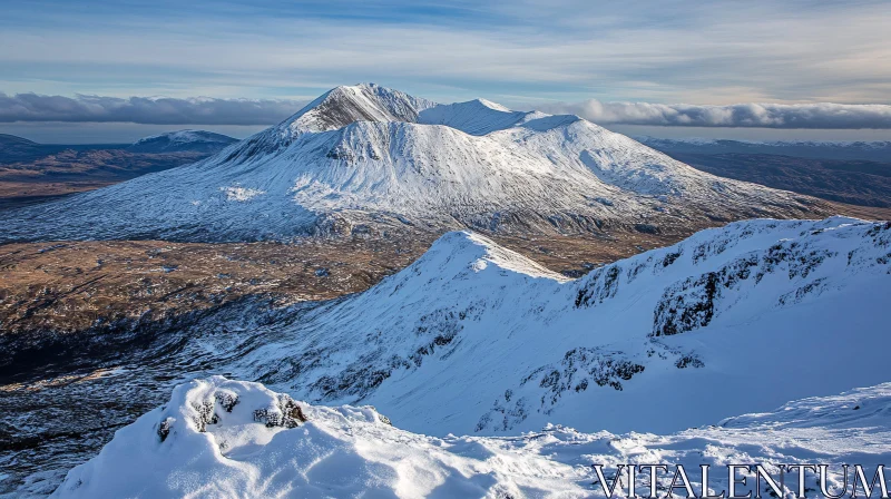 Snowy Peaks and Blue Skies in Mountainous Landscape AI Image