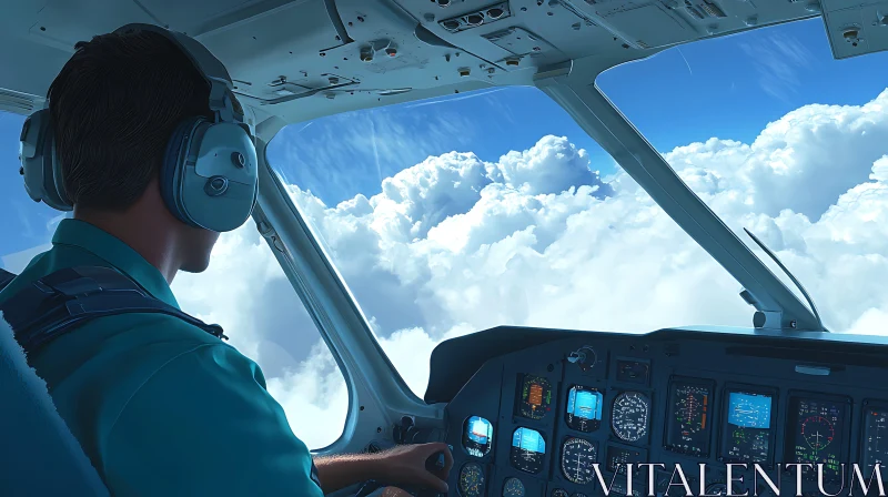 Aircraft Cockpit View with Pilot and Cloudy Sky AI Image