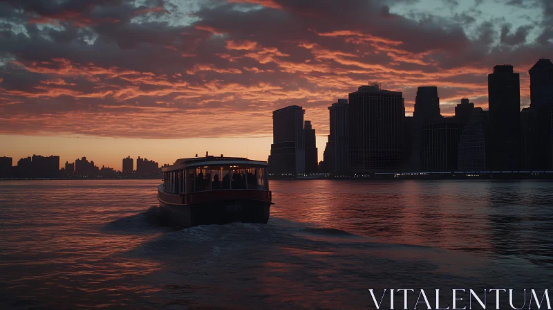 Boat at Sunset with City Silhouette AI Image