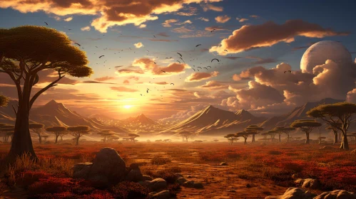 Fantasy Landscape with Sun and Mountains - Adventure Themed African Art