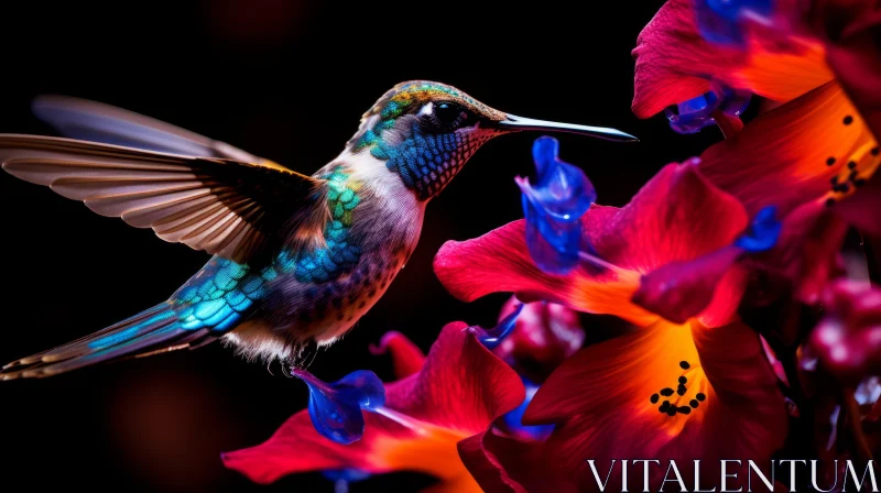 Glowing Colors: Hummingbird Amidst Vibrant Florals AI Image