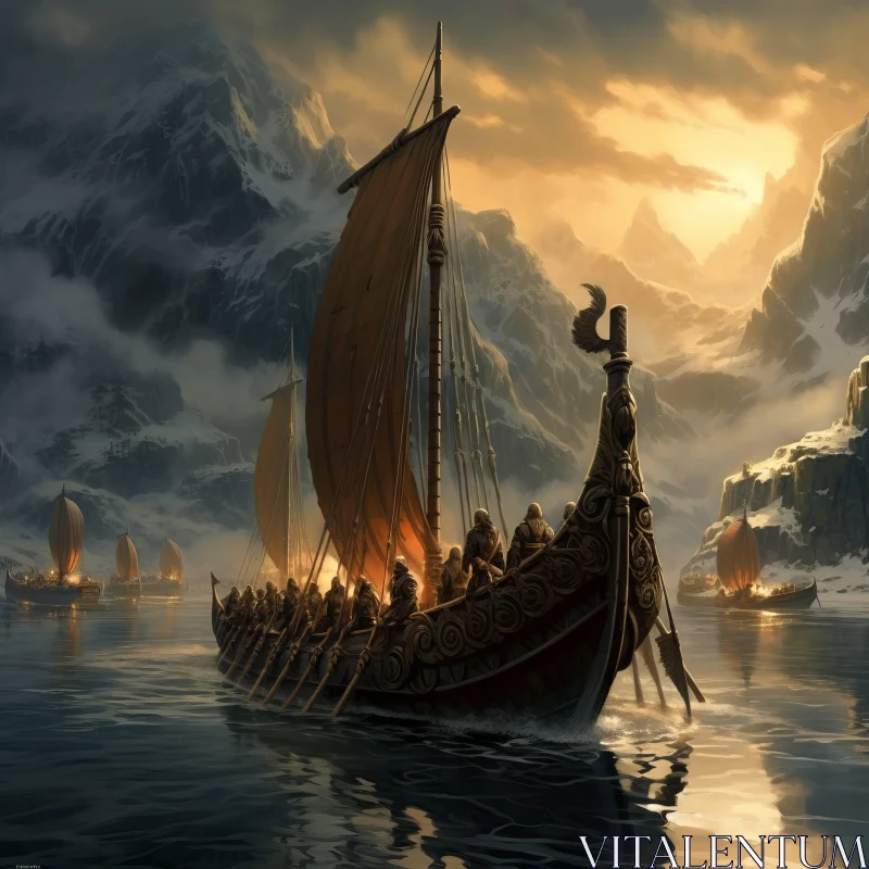 Viking Ship at Sunset: A Conceptual Artwork AI Image